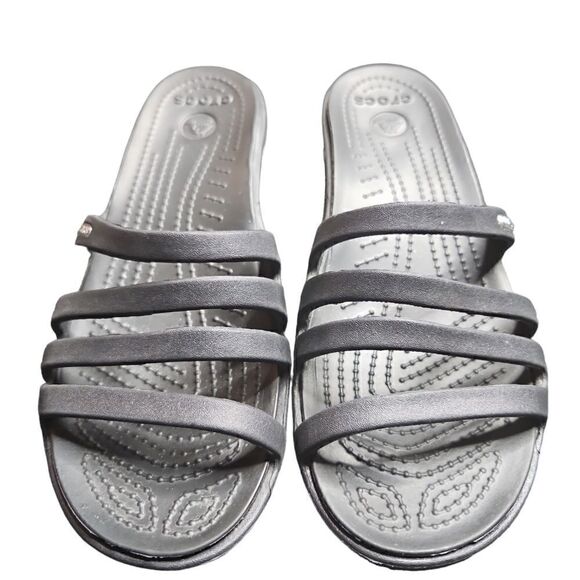 CROCS RHONDA Size 6 Black Strappy Wedge Slip On Sandals; Preloved - Picture 4 of 4